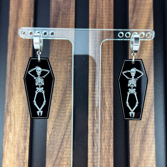Chillin' Skeletons Huggie Drop Acrylic Earrings | Halloween Accessories | Coffin