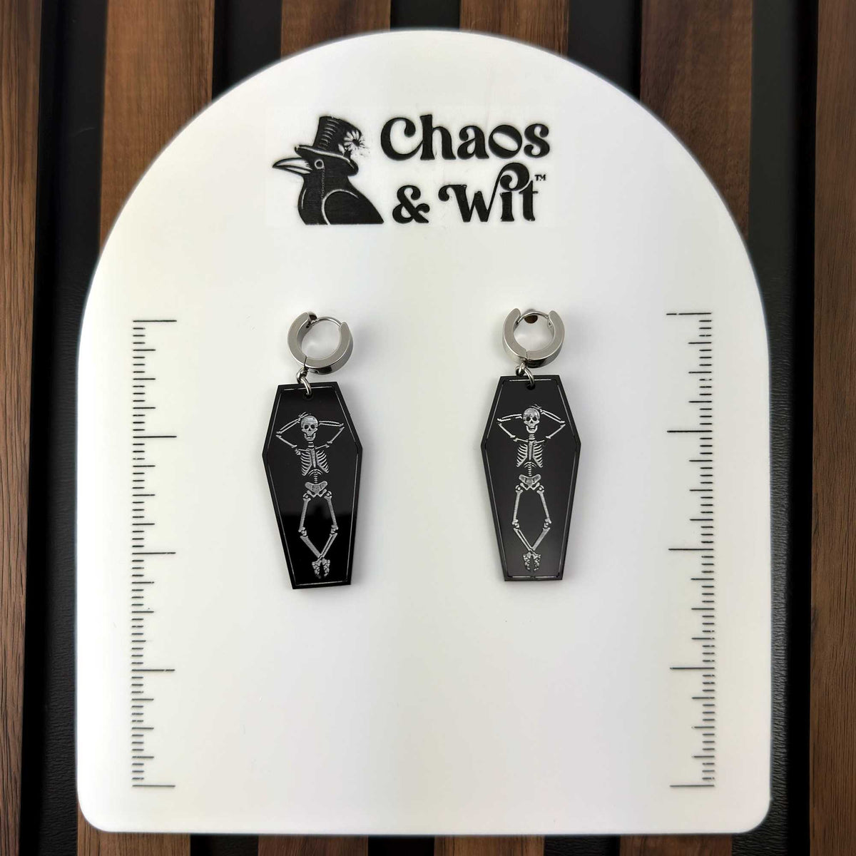 Chillin' Skeletons Huggie Drop Acrylic Earrings | Halloween Accessories | Coffin