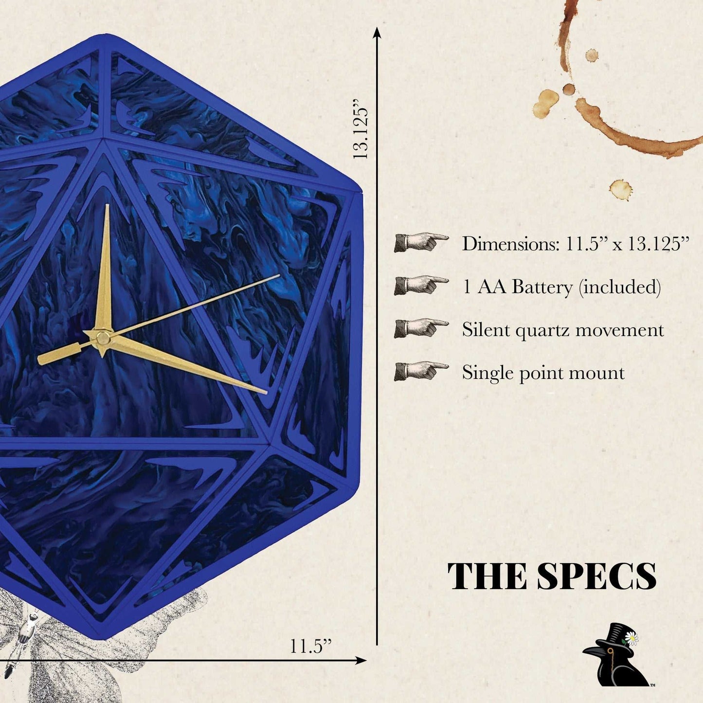 Blue geometric wall clock with gold hands and specifications on a beige background