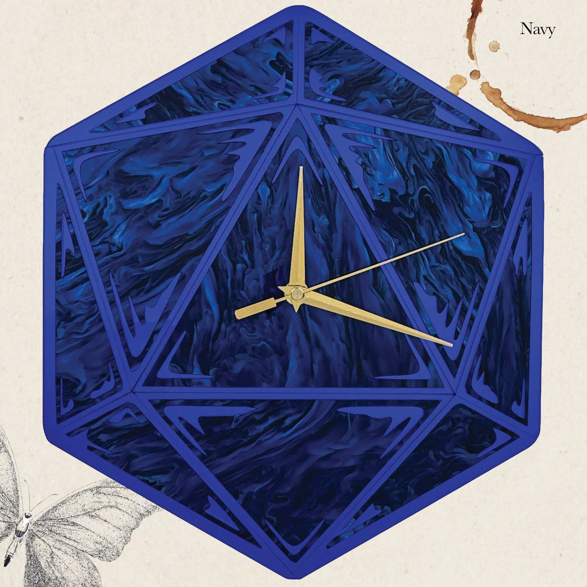 Hexagonal blue wall clock with gold hands on a beige background