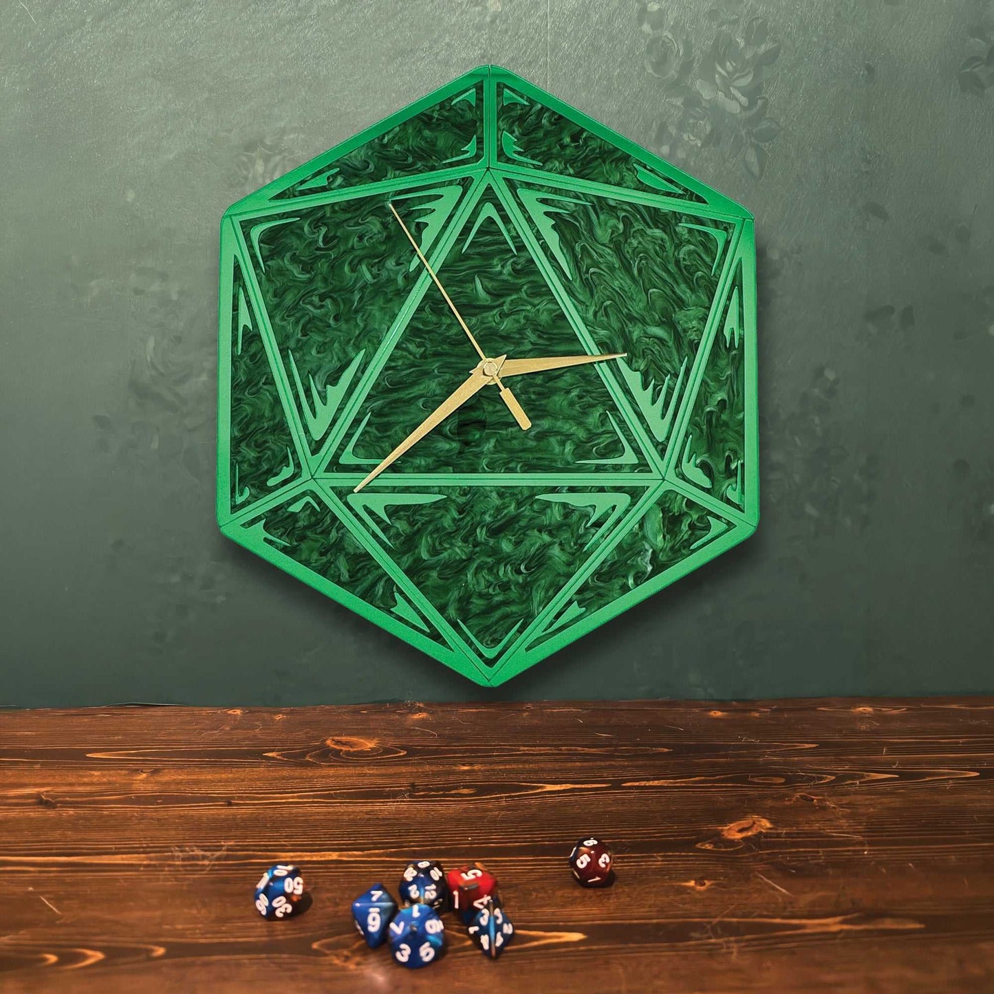 Green geometric wall clock on a wooden surface with dice