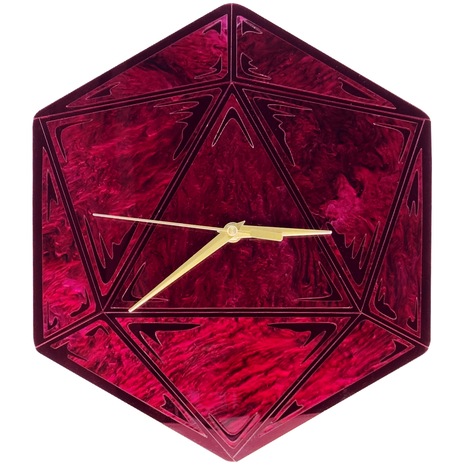 Hexagonal red clock with gold hands on a white background
