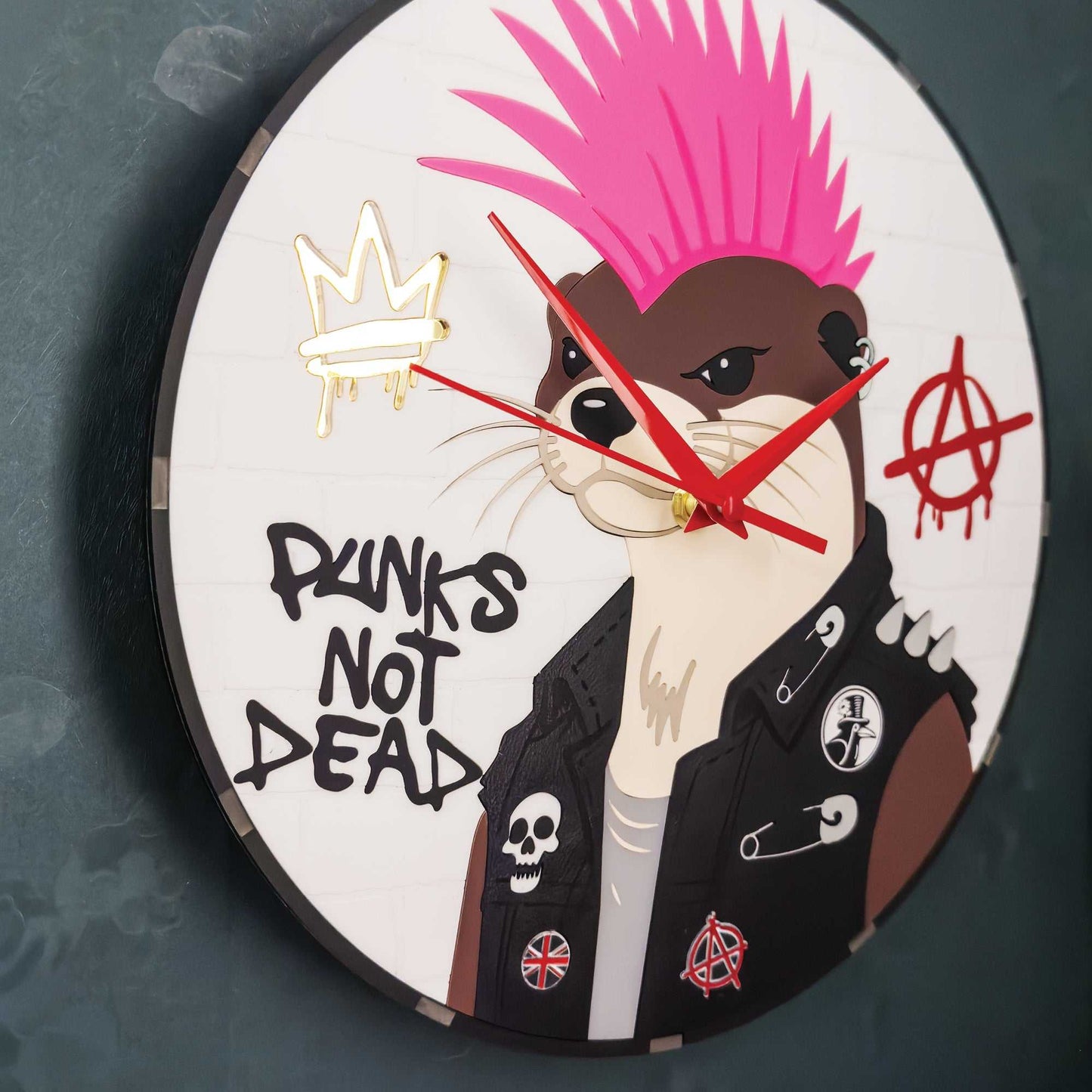 Wall clock with a stylized otter wearing a mohawk and leather jacket, featuring the text 'Punks Not Dead' on a white background.