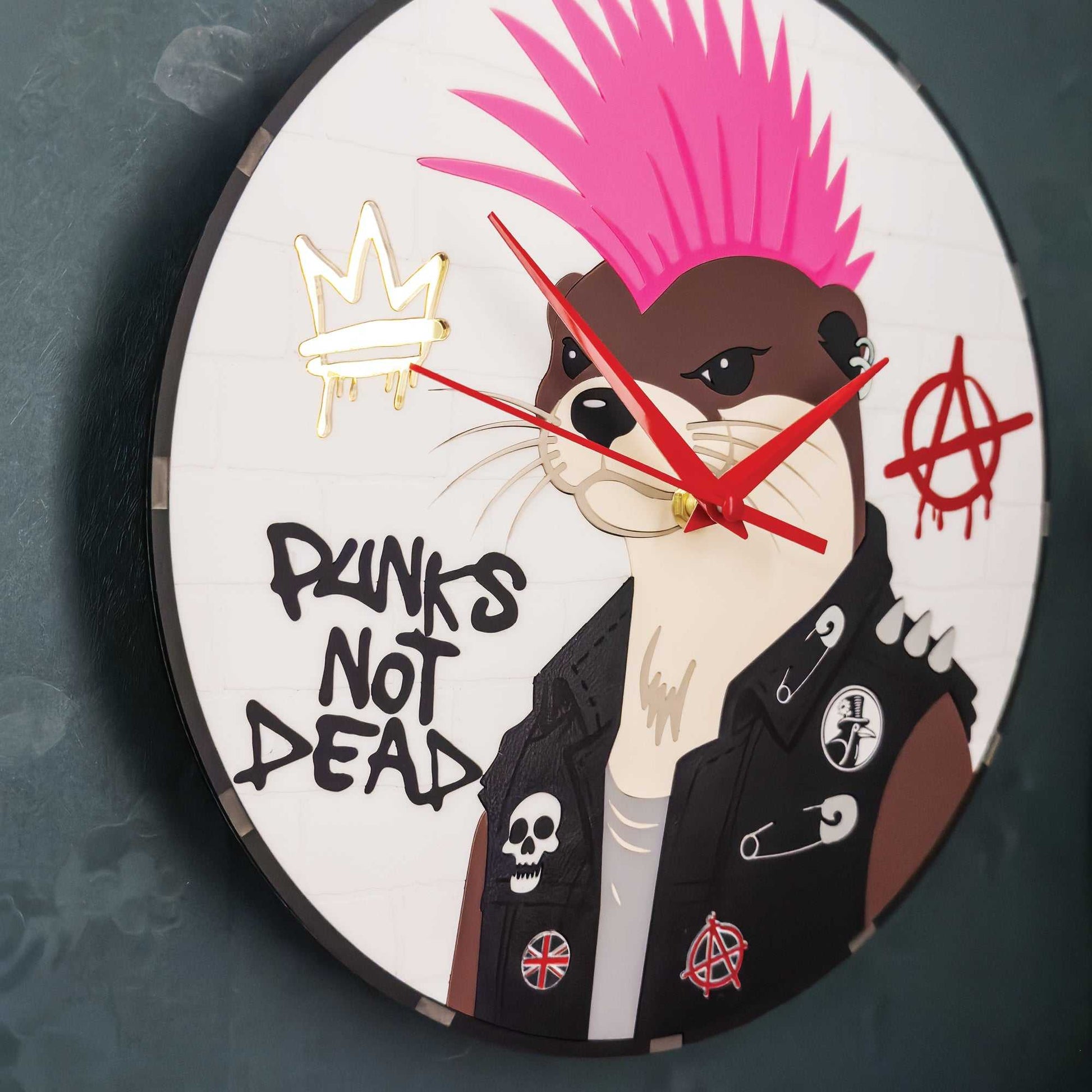 Wall clock with a stylized otter wearing a mohawk and leather jacket, featuring the text 'Punks Not Dead' on a white background.