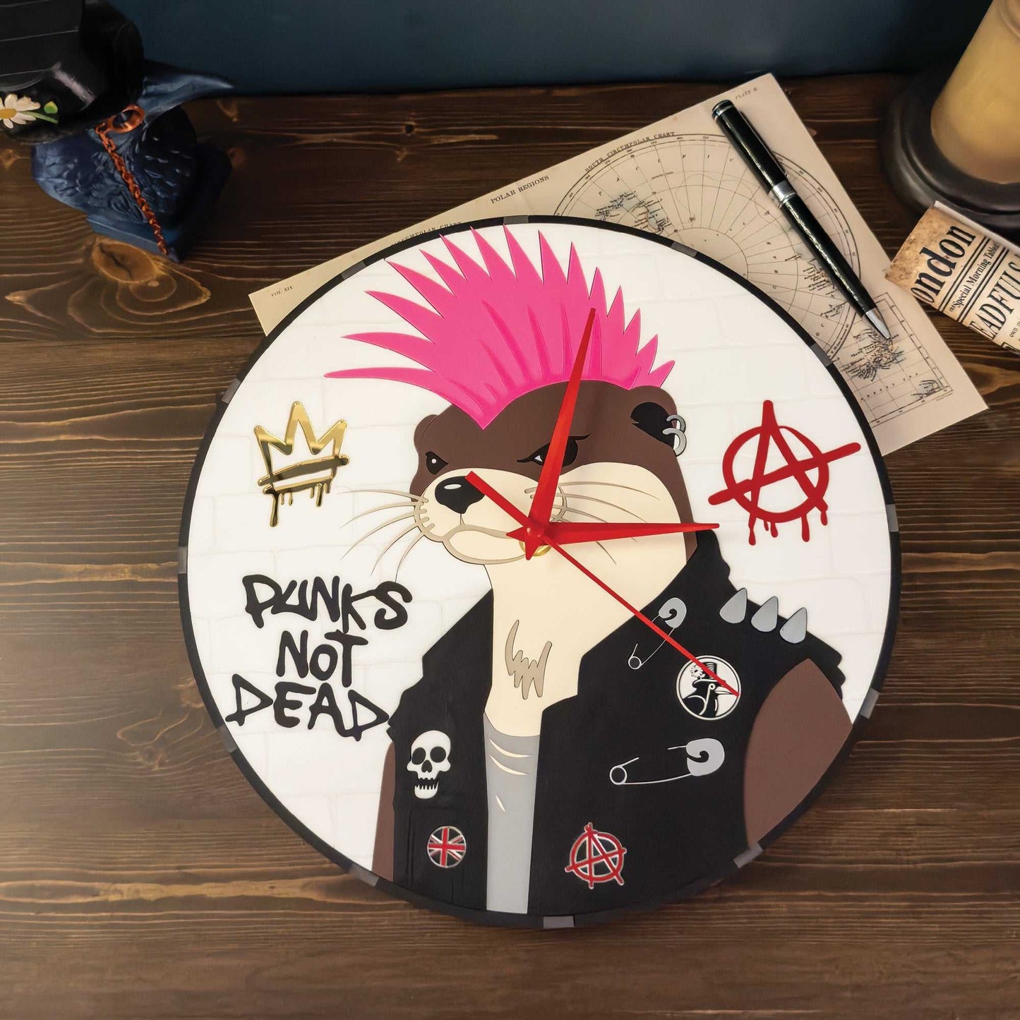 Wall clock with punk-themed design featuring an animal wearing a leather jacket and mohawk on a wooden surface.