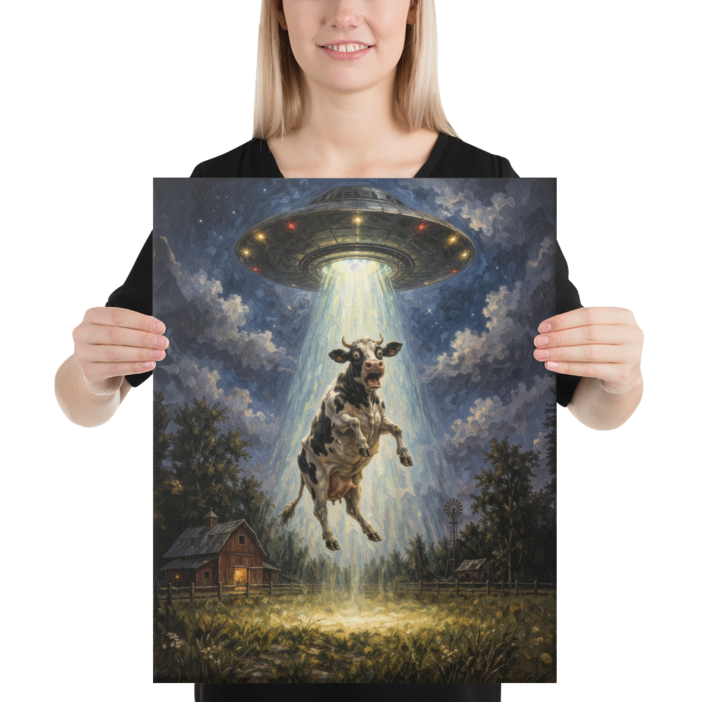 Panic! In the Barnyard | Cow Abduction Canvas Print | Matte Stretched Wall Art - CANVAS - Chaos & Wit