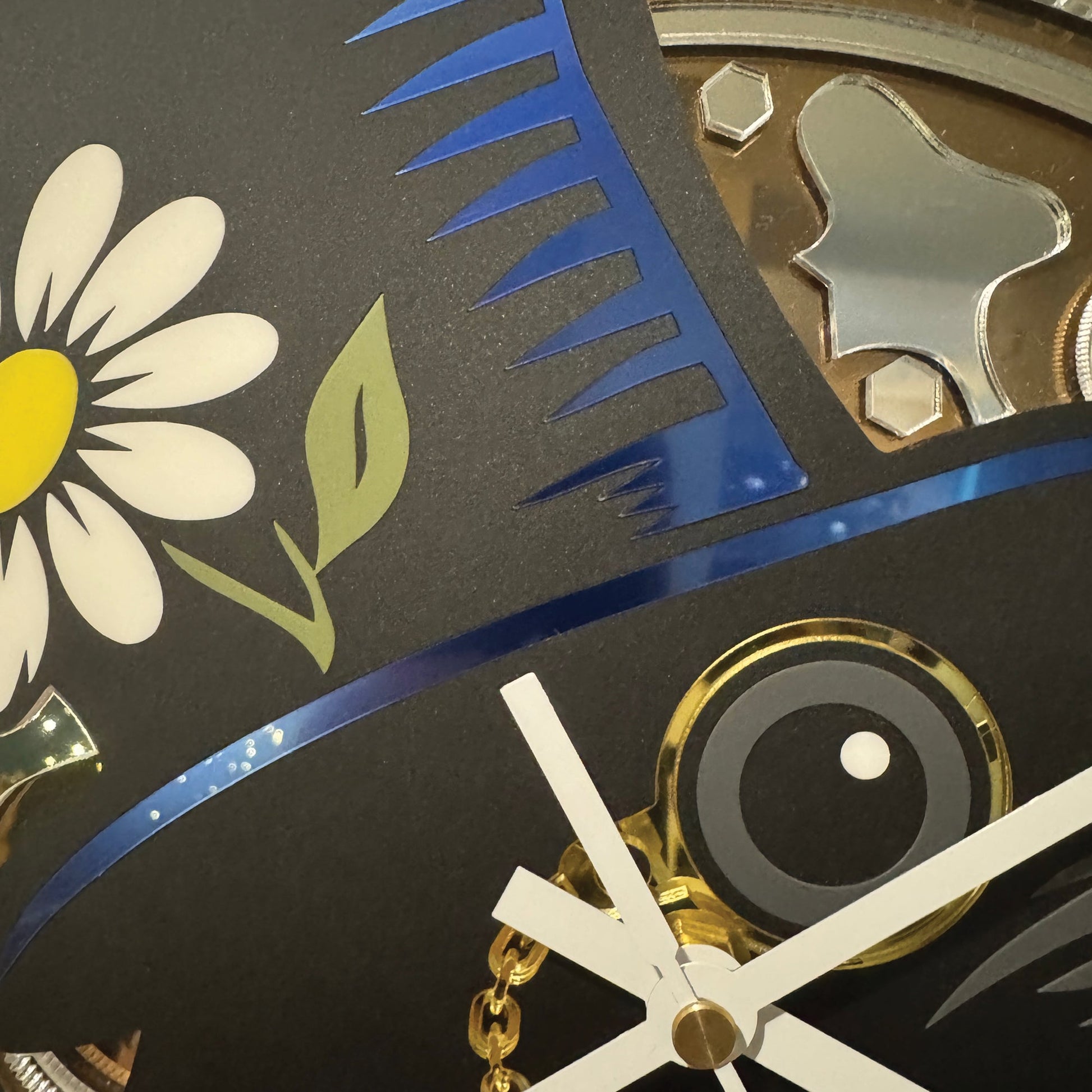 Close up of crow clock hat detail