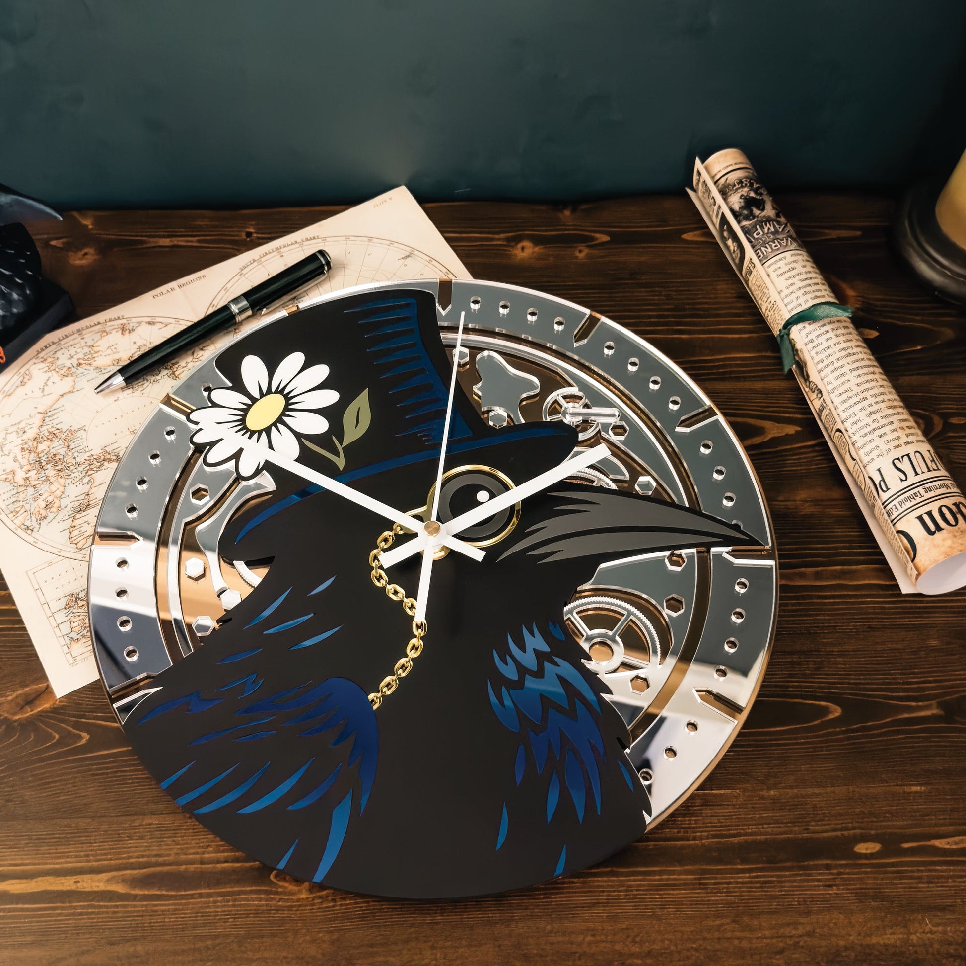 Decorative clock with floral and animal design on a wooden surface