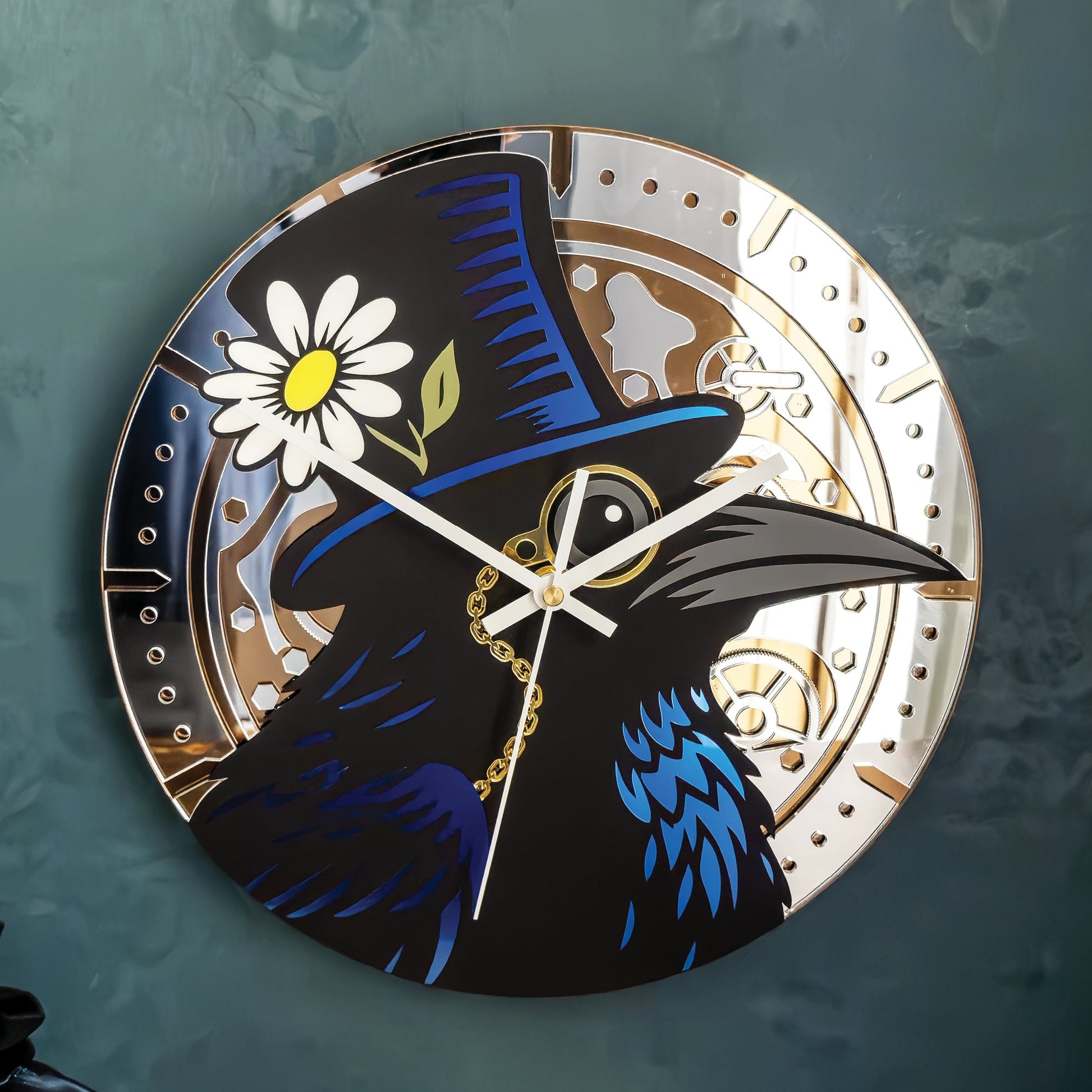 Decorative wall clock with a raven wearing a top hat and flower design on a dark background