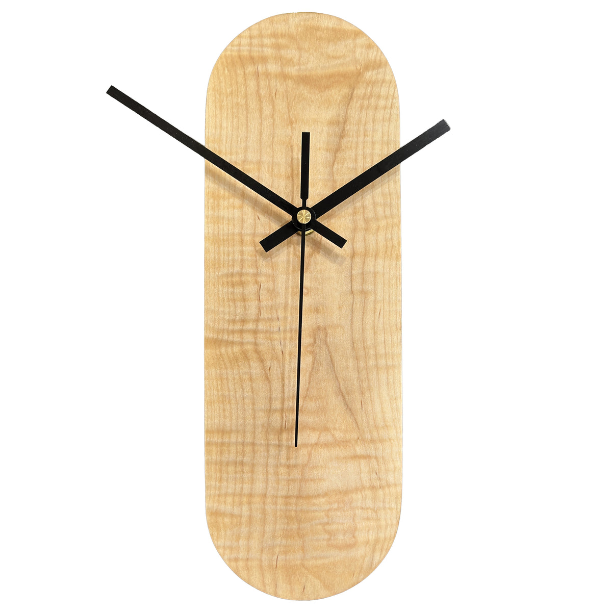 A minimalist wall clock with a natural maple wood oval-shaped face and contrasting black hands, shown against a solid white background.