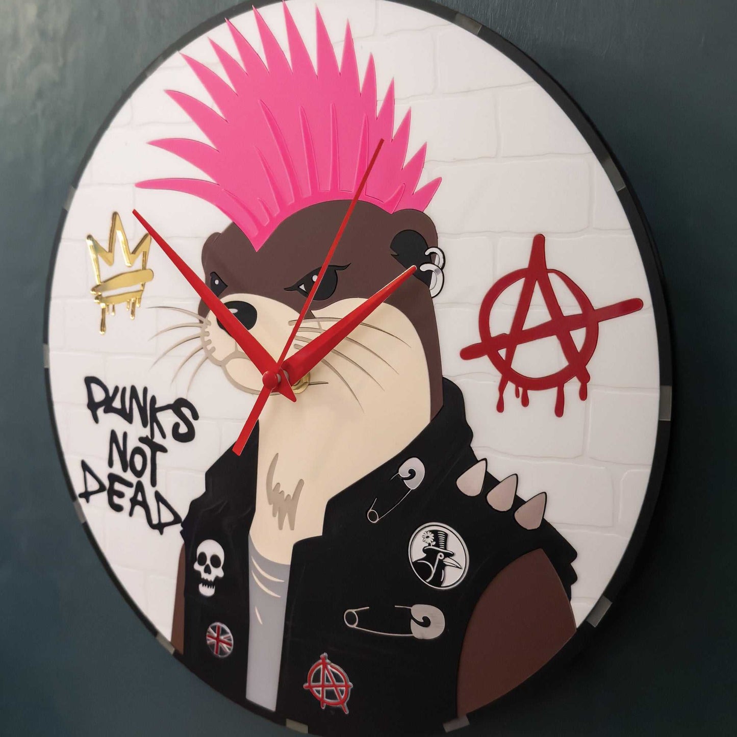 Wall clock with a stylized otter character wearing a mohawk and jacket, featuring punk symbols.