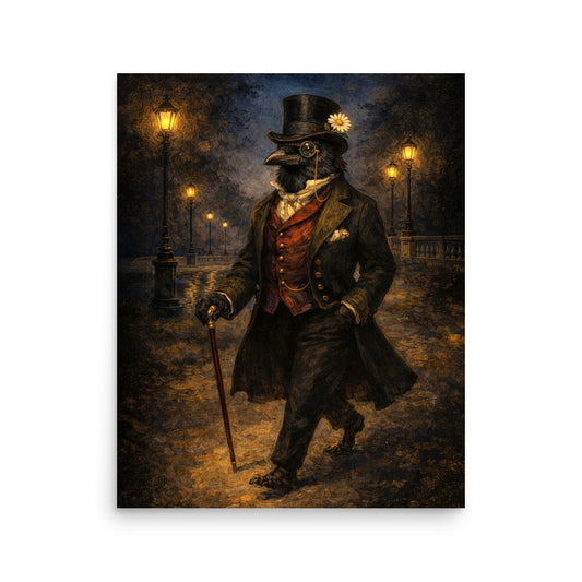 Crow in a top hat and coat with a cane walking down a street at night.