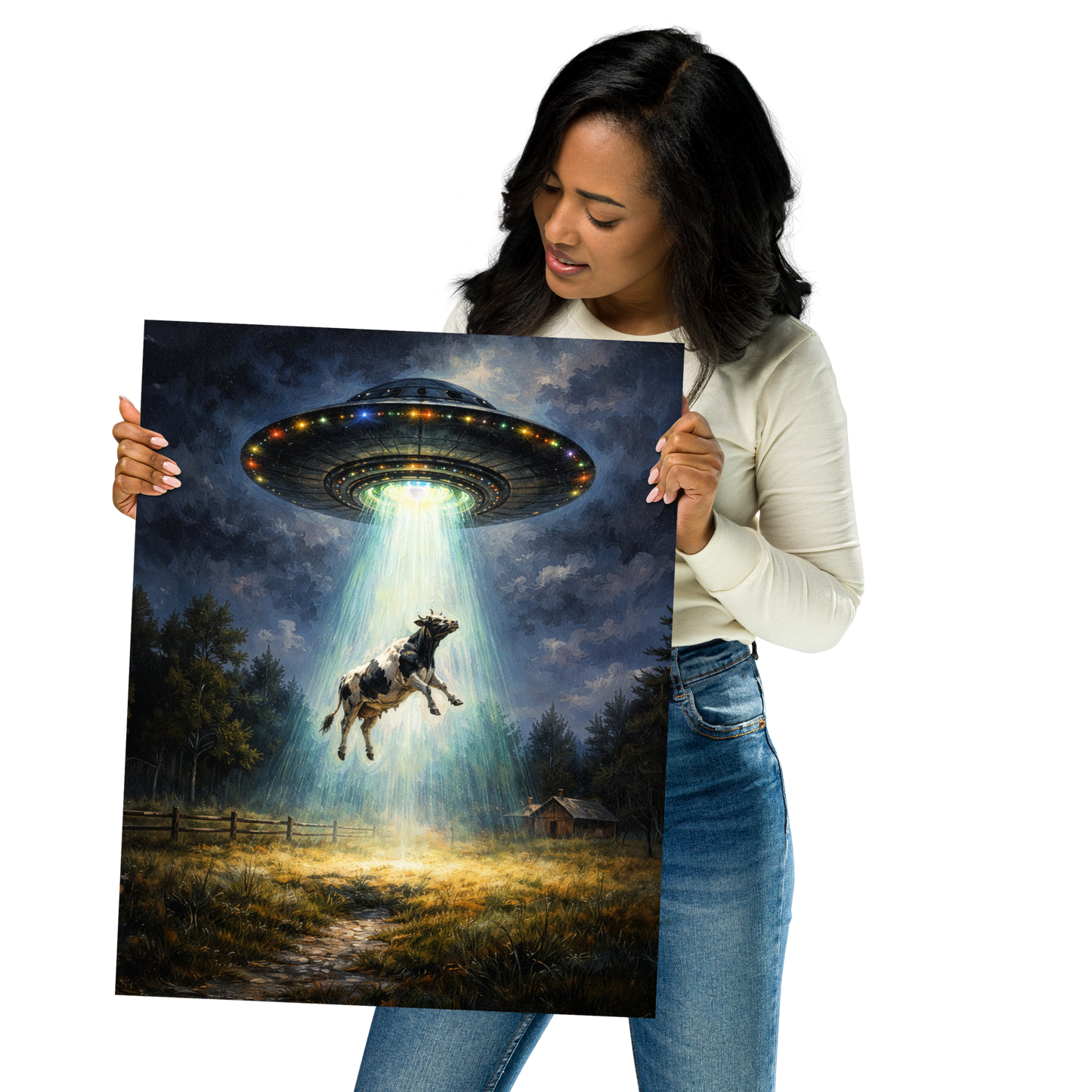Close Encounter of the Moo Kind | Cow Abduction UFO Poster | Rolled Posters - POSTER - Chaos & Wit