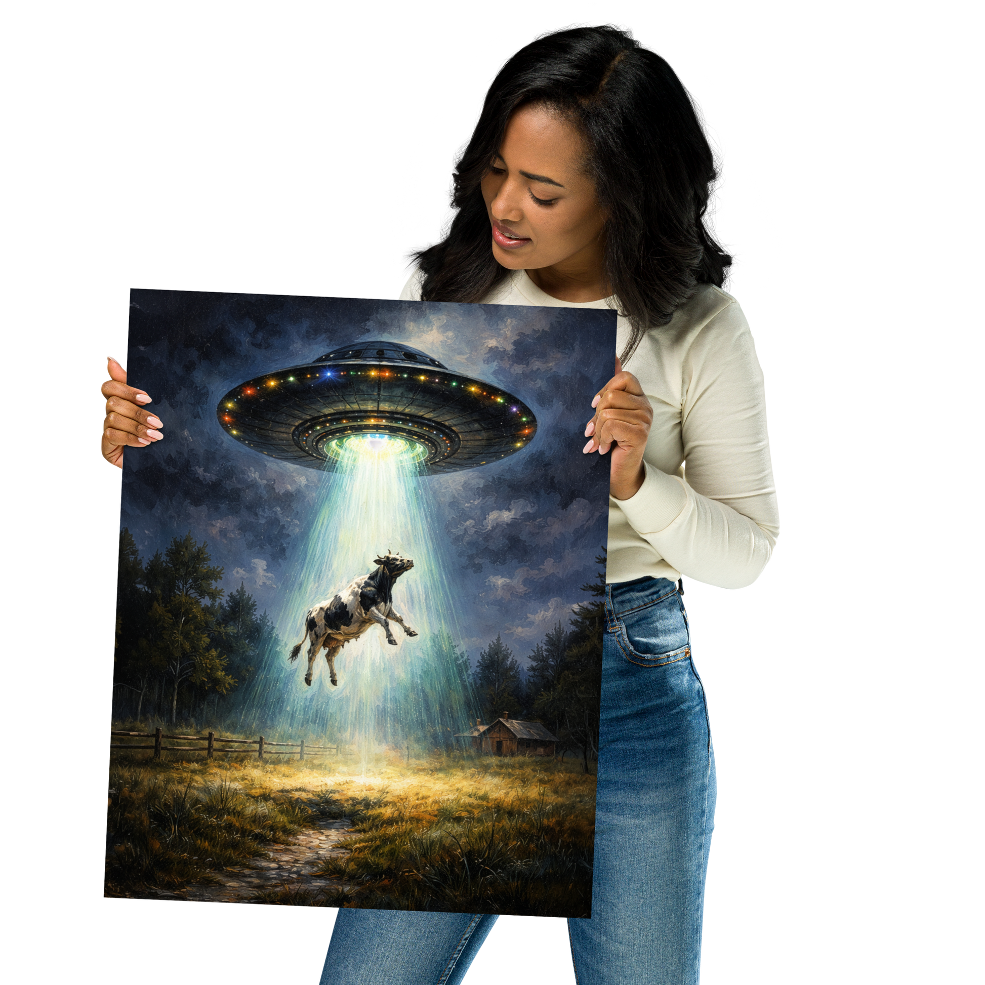 Close Encounter of the Moo Kind | Cow Abduction UFO Canvas Print | Matte Stretched Wall Art - CANVAS - Chaos & Wit