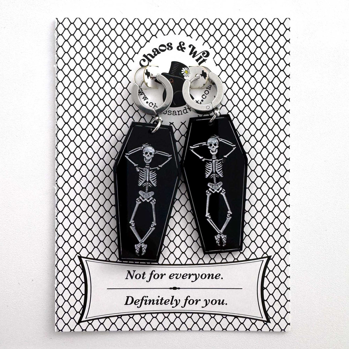 Chillin' Skeletons Huggie Drop Acrylic Earrings | Halloween Accessories | Coffin