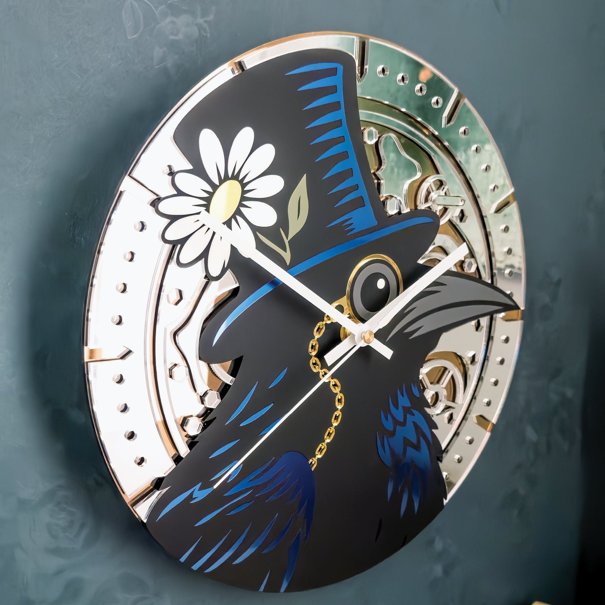 Decorative wall clock with a stylized rooster design on a dark background