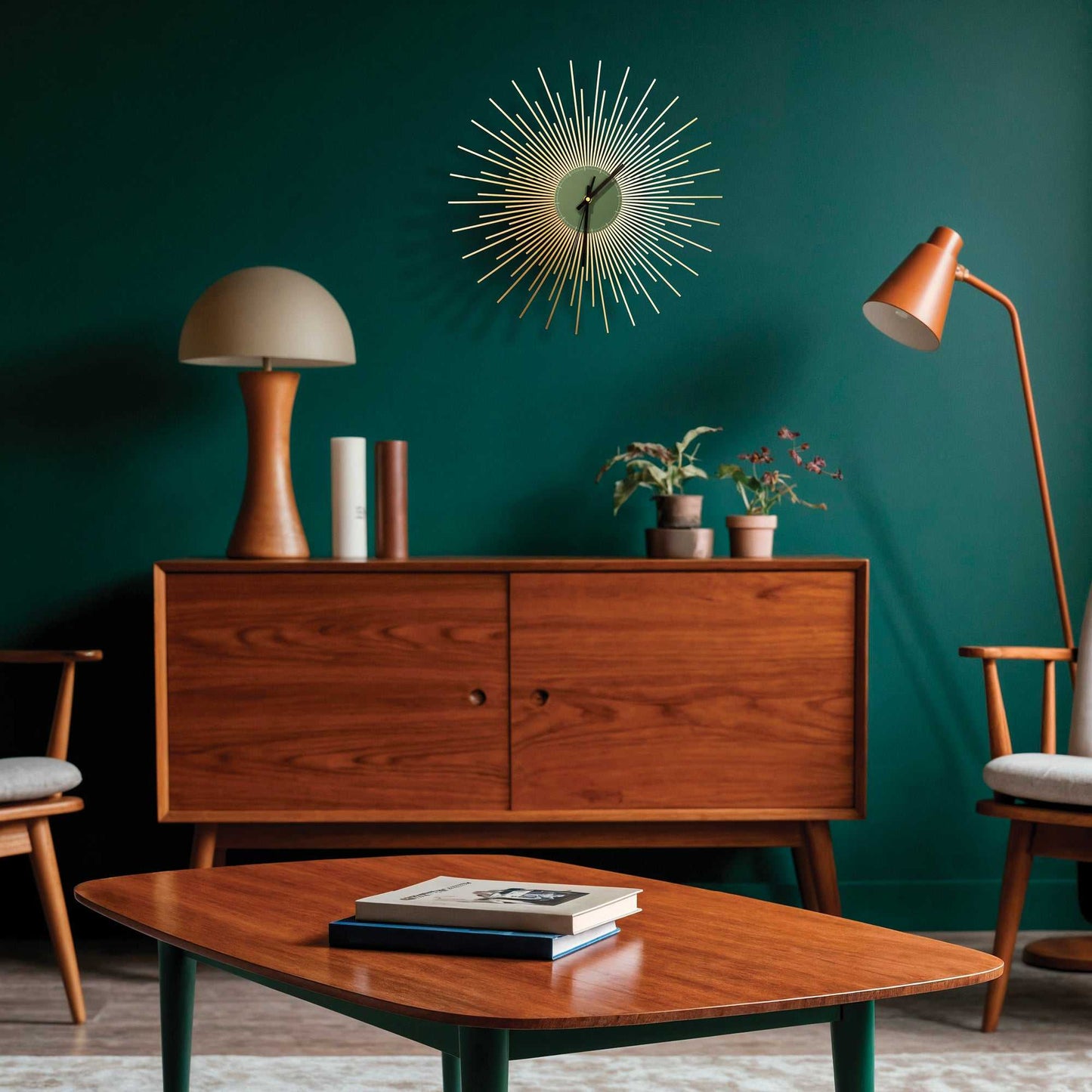 Gold starburst clock on a green wall in a midcentury modern living room.