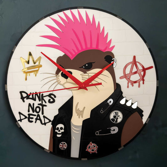 Wall clock with a stylized otter character wearing a punk outfit and pink mohawk, with text 'Punks Not Dead' and symbols.