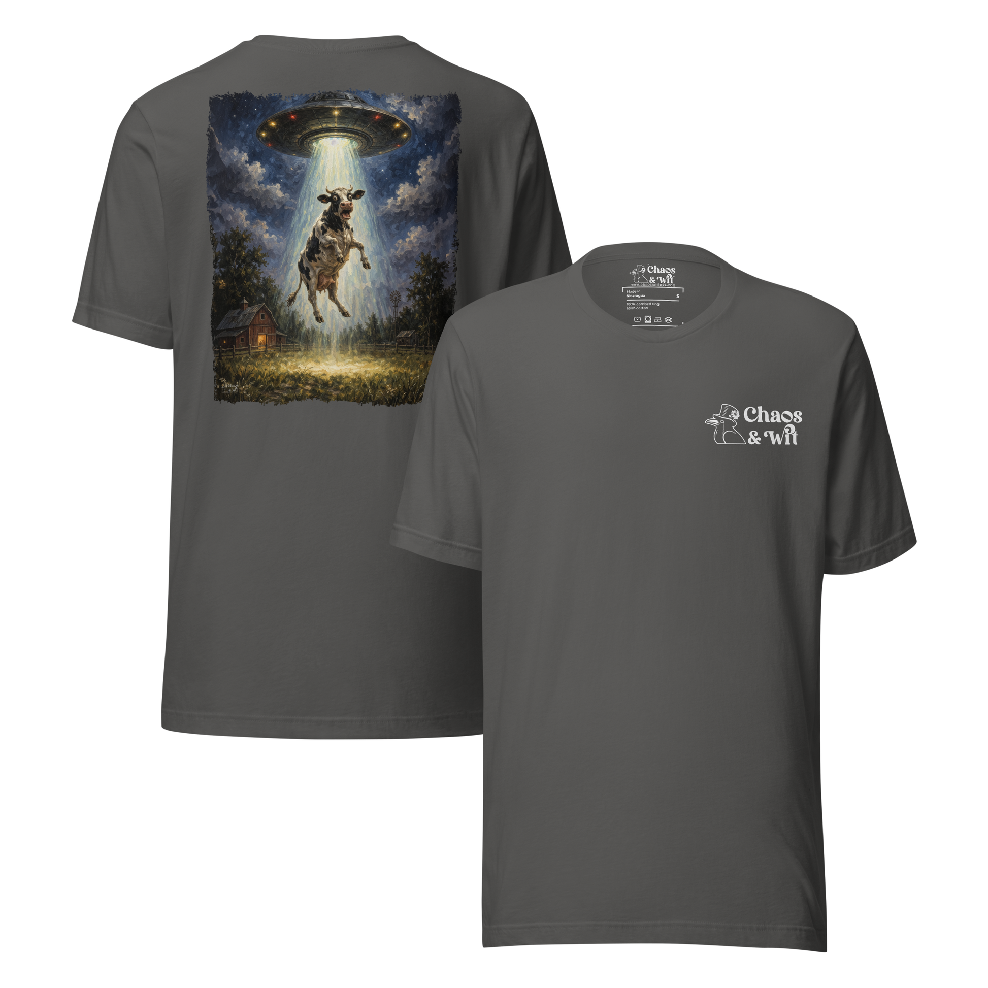 Chaos & Wit Panic in the Barnyard Tee | Cow Abduction Back Print | Logo Front - T - SHIRT - Chaos & Wit