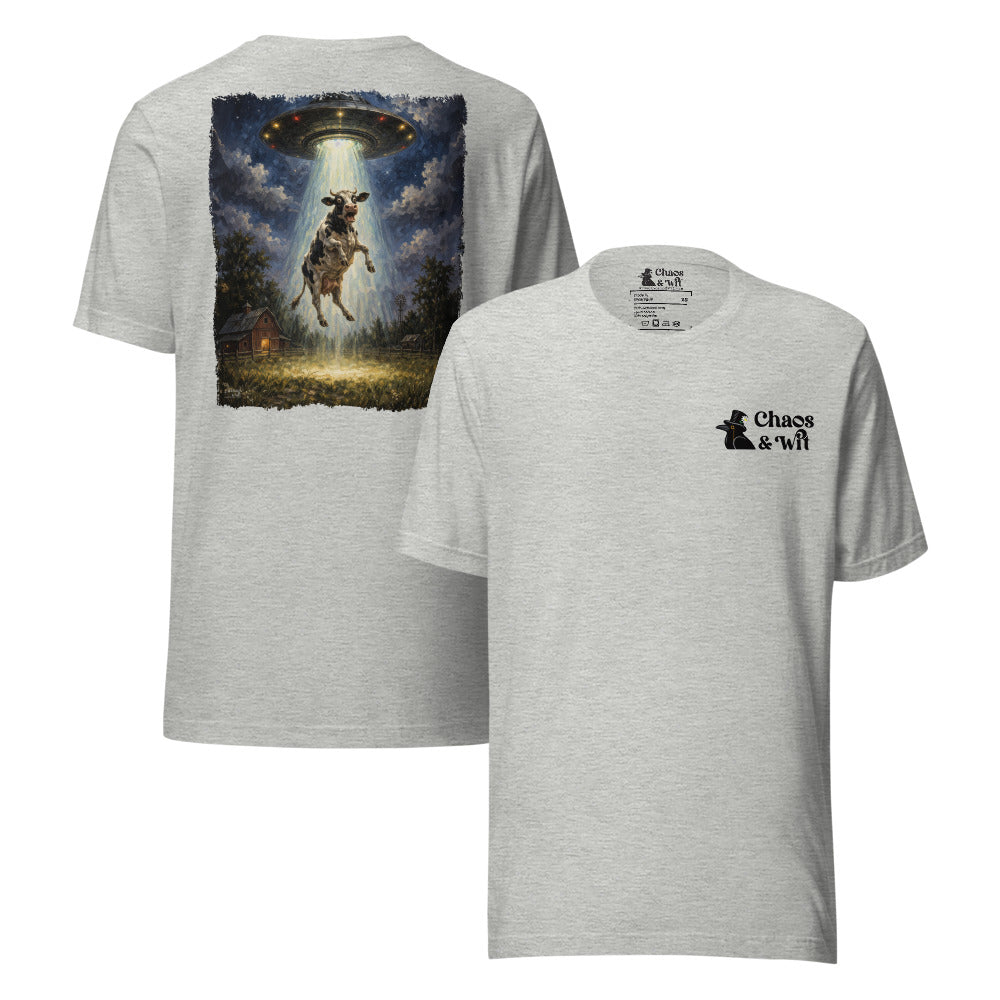 Chaos & Wit Panic in the Barnyard Tee | Cow Abduction Back Print | Logo Front - T - SHIRT - Chaos & Wit