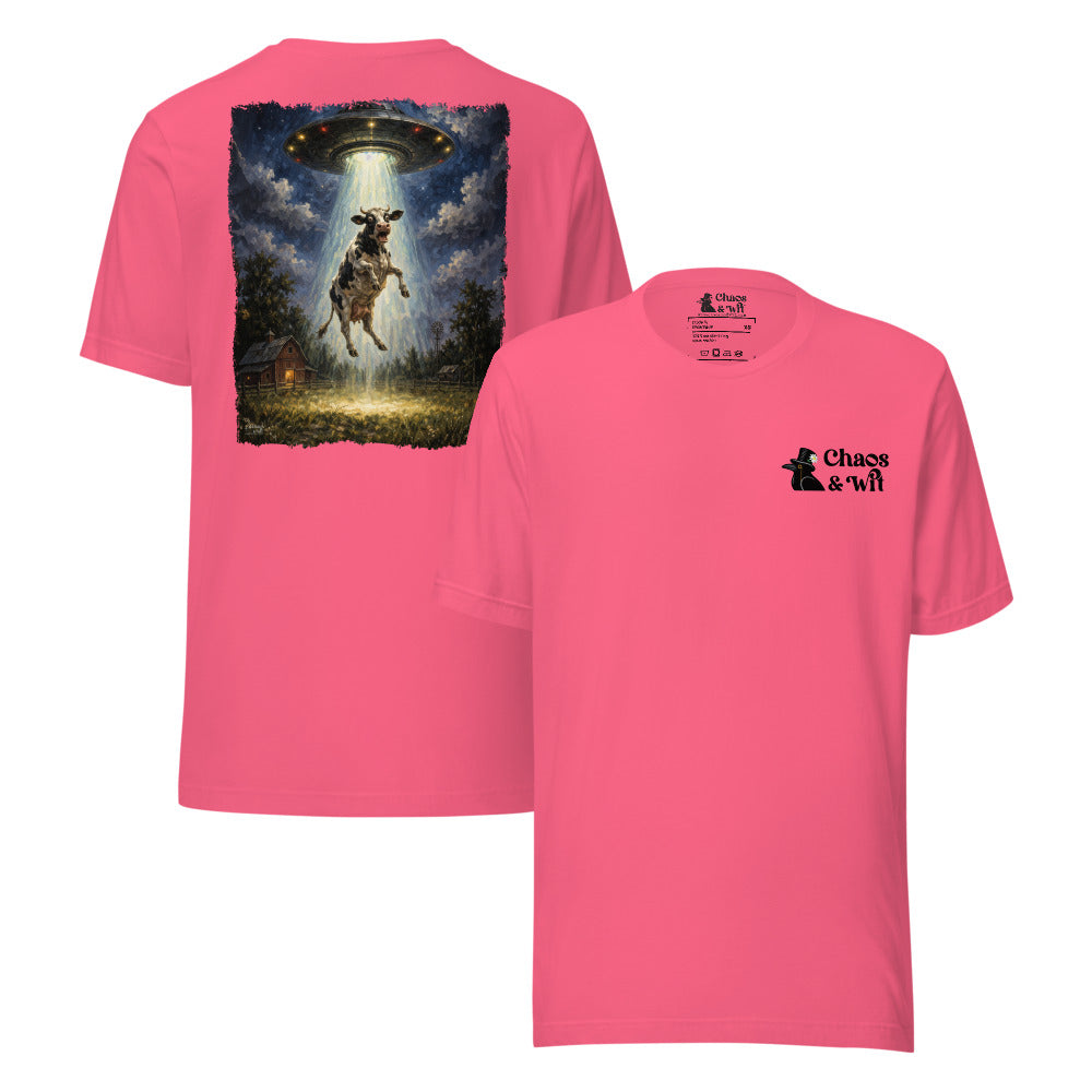 Chaos & Wit Panic in the Barnyard Tee | Cow Abduction Back Print | Logo Front - T - SHIRT - Chaos & Wit