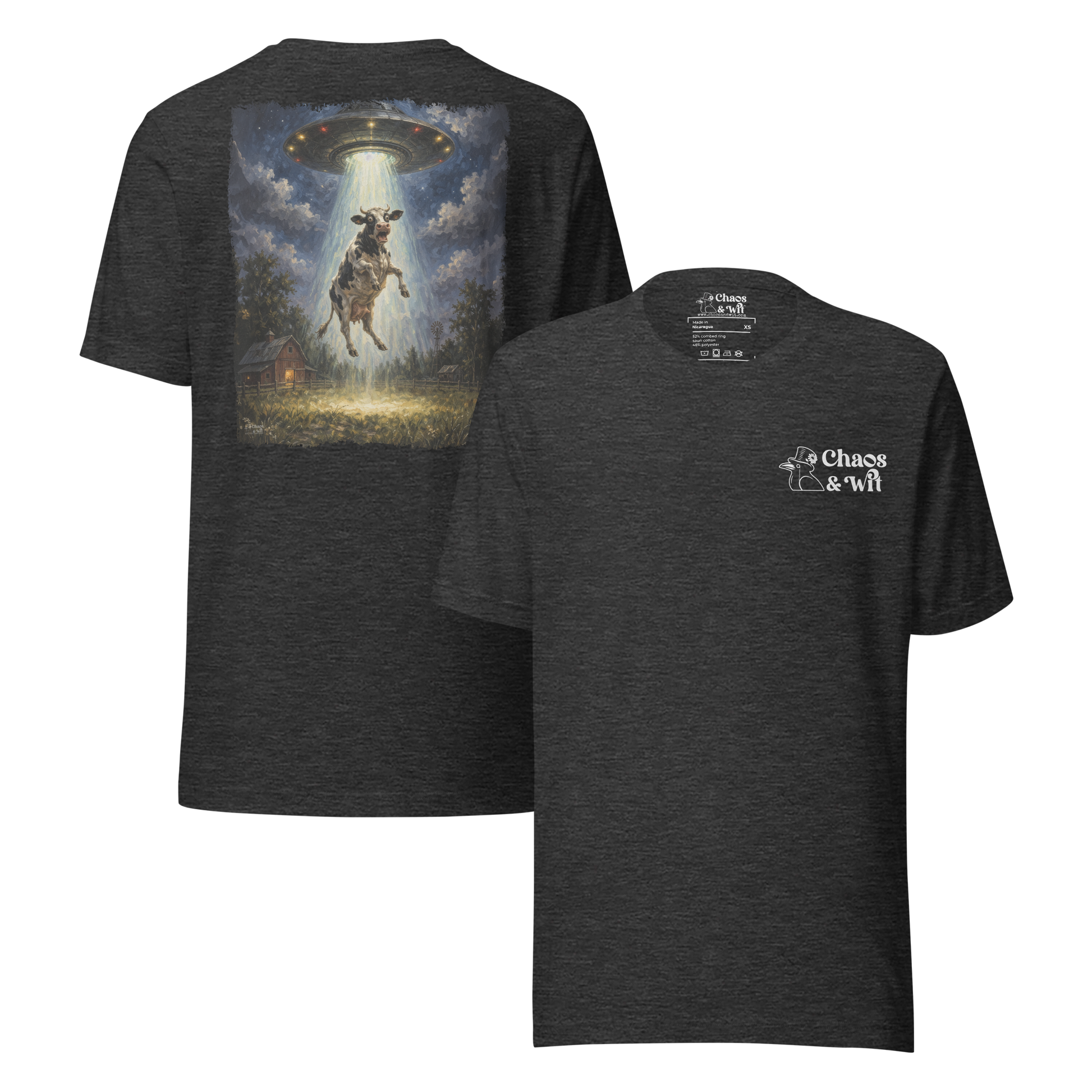 Chaos & Wit Panic in the Barnyard Tee | Cow Abduction Back Print | Logo Front - T - SHIRT - Chaos & Wit