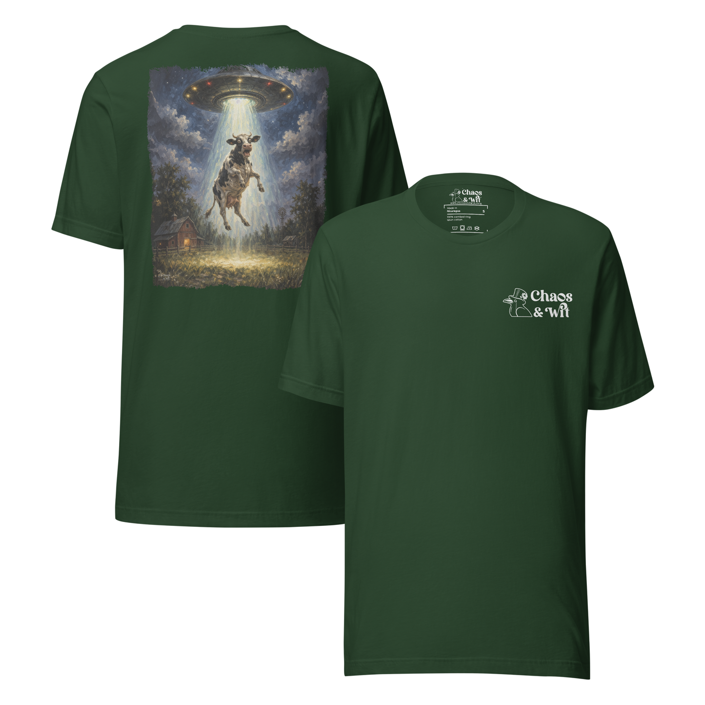 Chaos & Wit Panic in the Barnyard Tee | Cow Abduction Back Print | Logo Front - T - SHIRT - Chaos & Wit