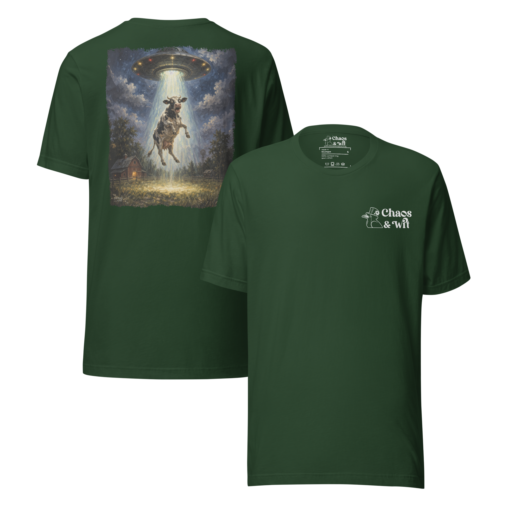 Chaos & Wit Panic in the Barnyard Tee | Cow Abduction Back Print | Logo Front - T - SHIRT - Chaos & Wit