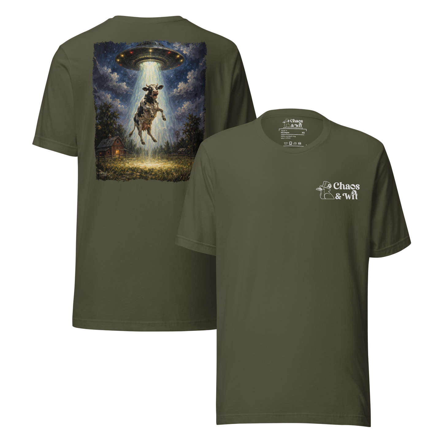 Chaos & Wit Panic in the Barnyard Tee | Cow Abduction Back Print | Logo Front - T - SHIRT - Chaos & Wit