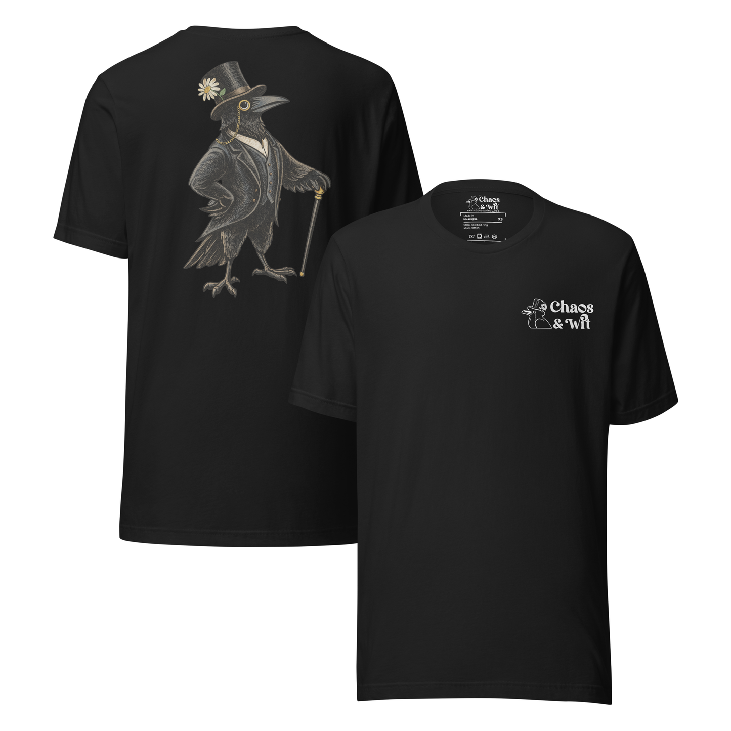Rupert the Crow | Chaos & Wit Logo T - Shirt | Top Hat Monocle Crow Tee - T - SHIRT - Chaos & Wit - Vintage Black - XS - 7720289_21593