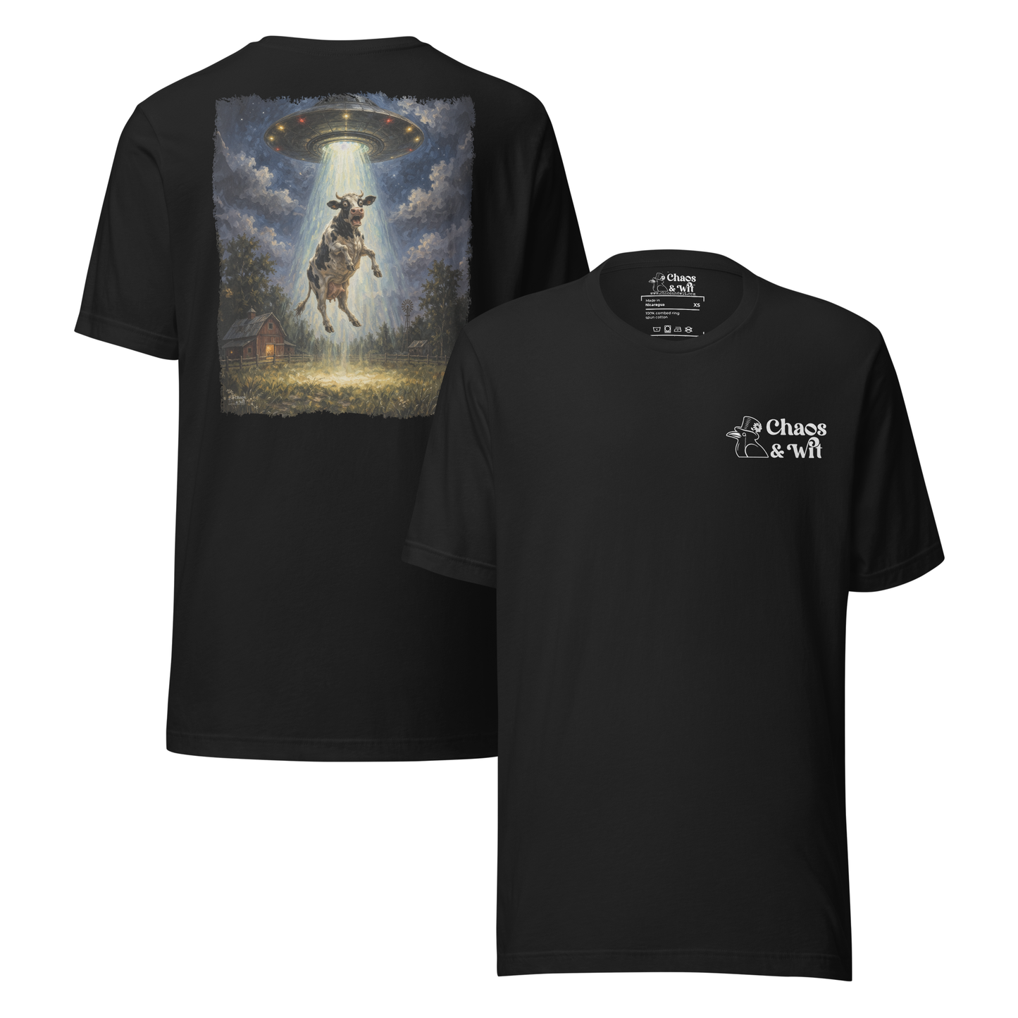 Chaos & Wit Panic in the Barnyard Tee | Cow Abduction Back Print | Logo Front - T - SHIRT - Chaos & Wit - Vintage Black - XS - 4435641_21593